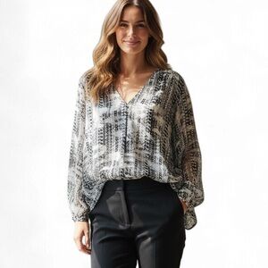 Parker Maeve Silk Black White Graphic Print Silk V-Neck Blouse M ASO New Girl